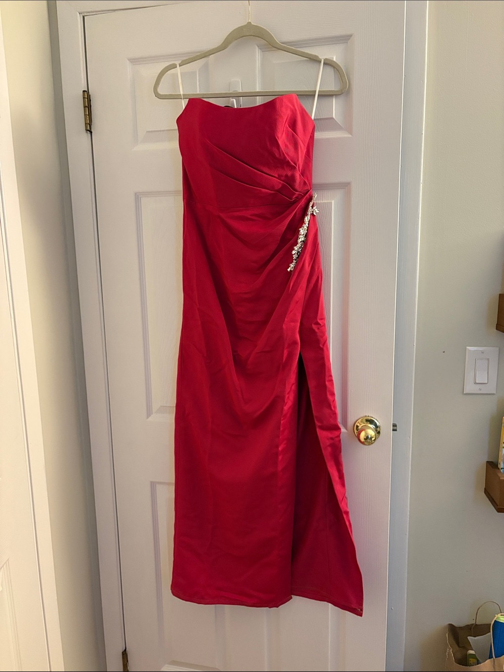 Jenny Yoo Strapless Red Evening Gown with Side Crystal Accent